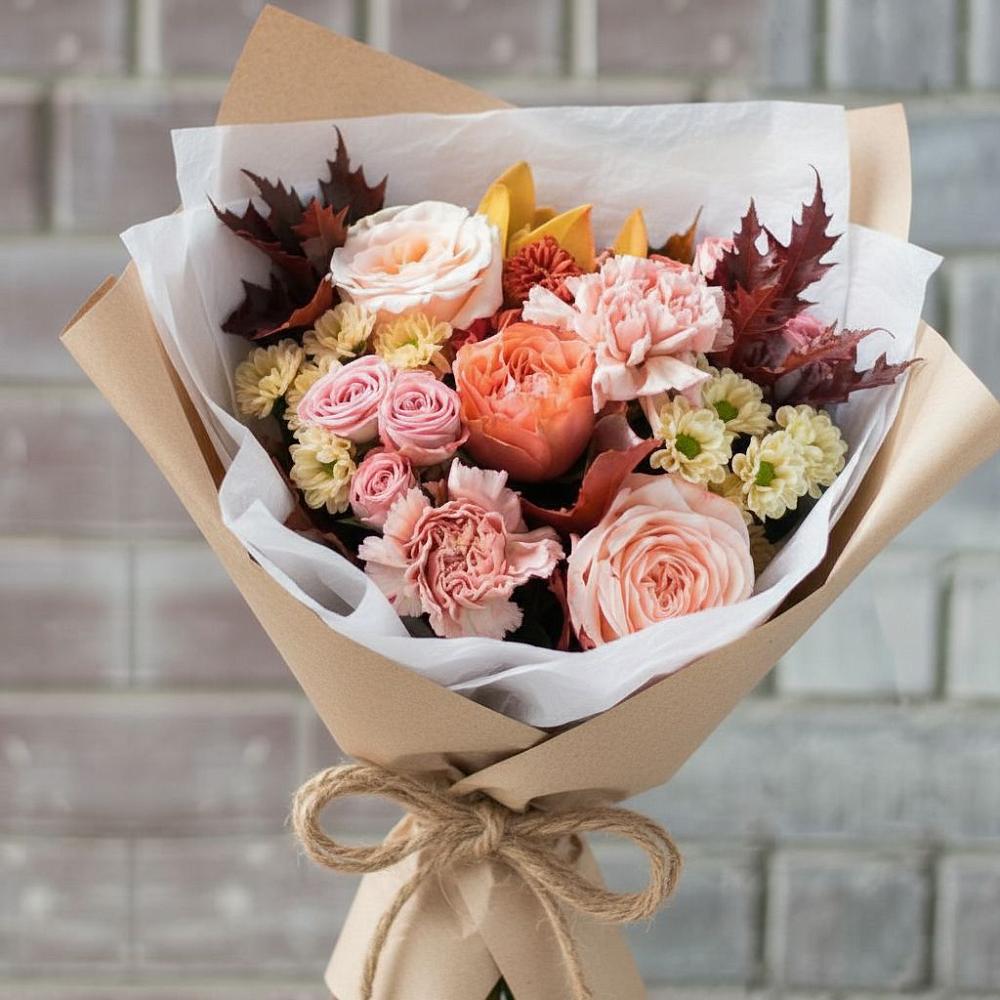 Букет осеннее настроение в Зеленчукской Букет цветов из: Гвоздики, Хризантемы и Розы в Зеленчукской