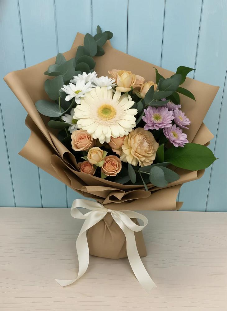 Букет Цветочные луга в Зеленчукской Букет цветов из: Герберы и Хризантемы в Зеленчукской