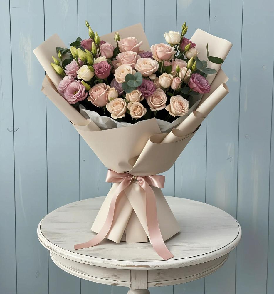 Букет бодрость в Зеленчукской Букет цветов из: Розы и Лизиантусы в Зеленчукской