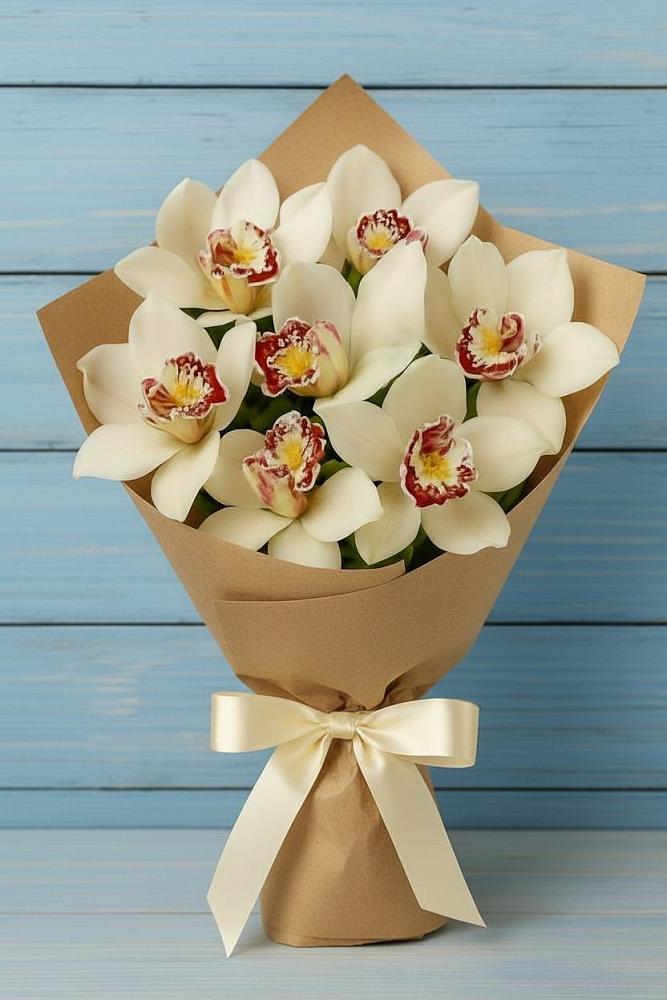 Букет 7 белых орхидей в Зеленчукской Букет цветов из: Орхидеи и Розы в Зеленчукской