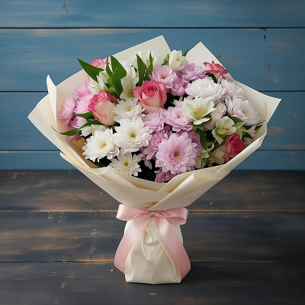 Букет Розовое очарование в Зеленчукской Букет цветов из: Хризантемы, Альстромерии и Розы в Зеленчукской